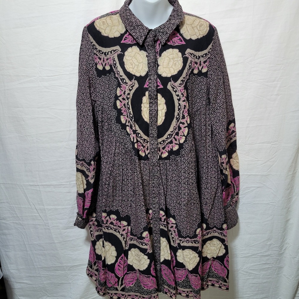 Free People Boho Floral Babydoll Smell The Roses Black Multi  Minidress Sz L‎